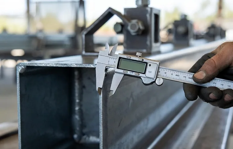 Medición del calibre de una lámina de acero con vernier digital en taller de fabricación